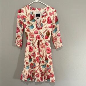 ModCloth candy shop Sz XS Cream Fit and Flare Mini Dress with Tie Front